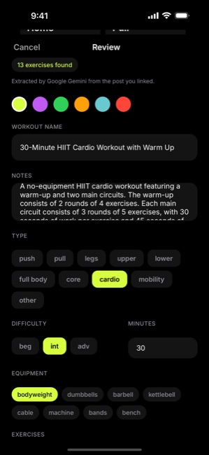GymPilot review screen after importing a workout, listing exercises with sets and reps