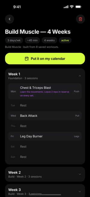 GymPilot program screen showing a multi-week plan with a focus for each week